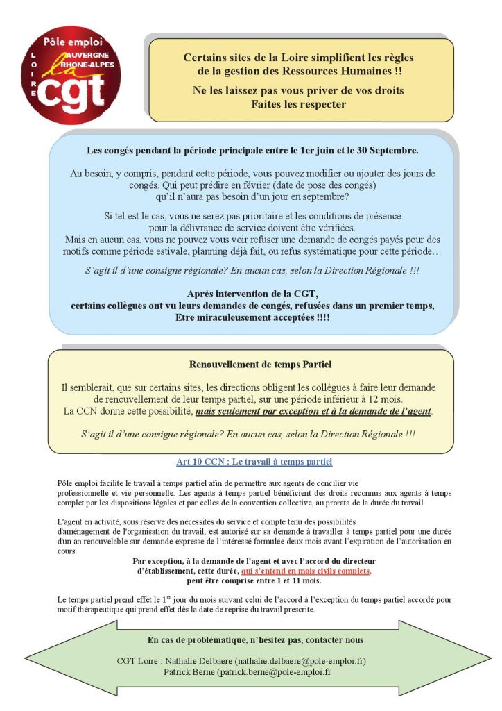 Informations Congés Et Temps Partiels – CGT Pôle Emploi ARA